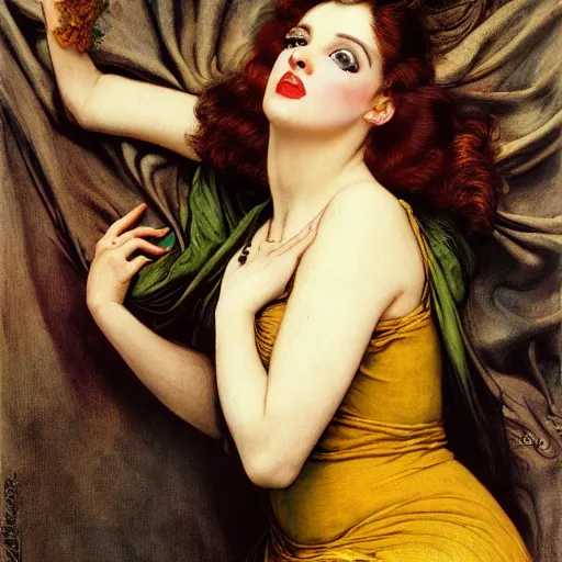 Image similar to hybrid of judy garland and lady gaga, brown fringe, large features, very large big downslanted eyes, large full lips, reclining on flowing bed cool stylish, yellow ochre ornate medieval dress, john william waterhouse, kilian eng, rosetti, john everett millais, william holman hunt, william morris, 4 k