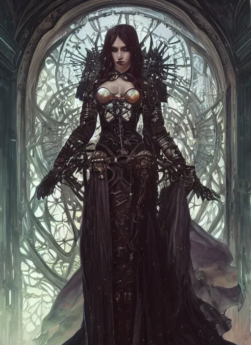 Image similar to portrait of beautiful pale gothic maiden, warhammer 40000, cyberpunk, intricate, elegant, highly detailed, digital painting, artstation, concept art, smooth, sharp focus, illustration, art by artgerm and greg rutkowski and alphonse mucha and Gustav Klimt