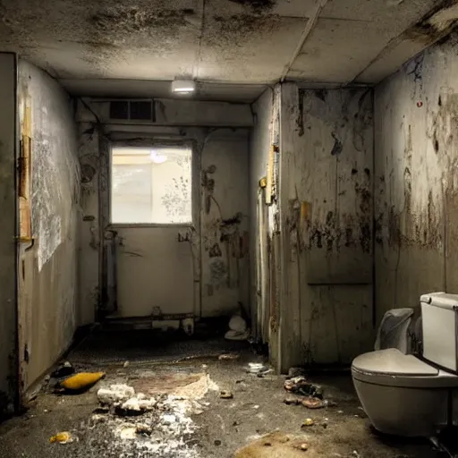 Image similar to a darkly lit janitors room with a toilet in the corner, cleaning supplies, grungy, dirty, highly detailed