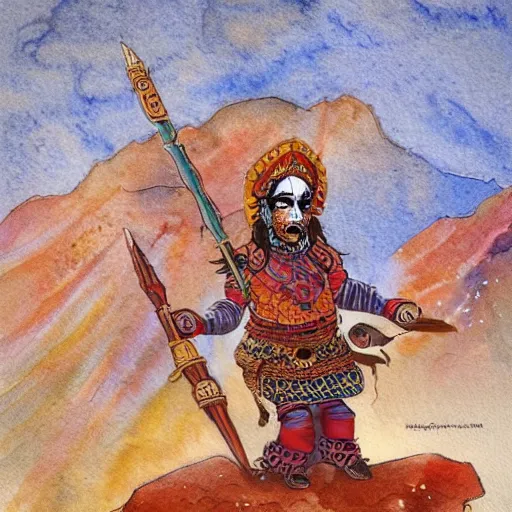 Prompt: persian folktale art style, barbarian on mars, standing atop boulder overlooking expanse, wearing a mask, exceptionally detailed, watercolor