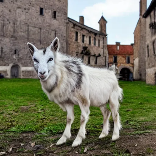 Image similar to hyperrealistic photo of a goat wolf hybrid beast in the square of a small medieval village