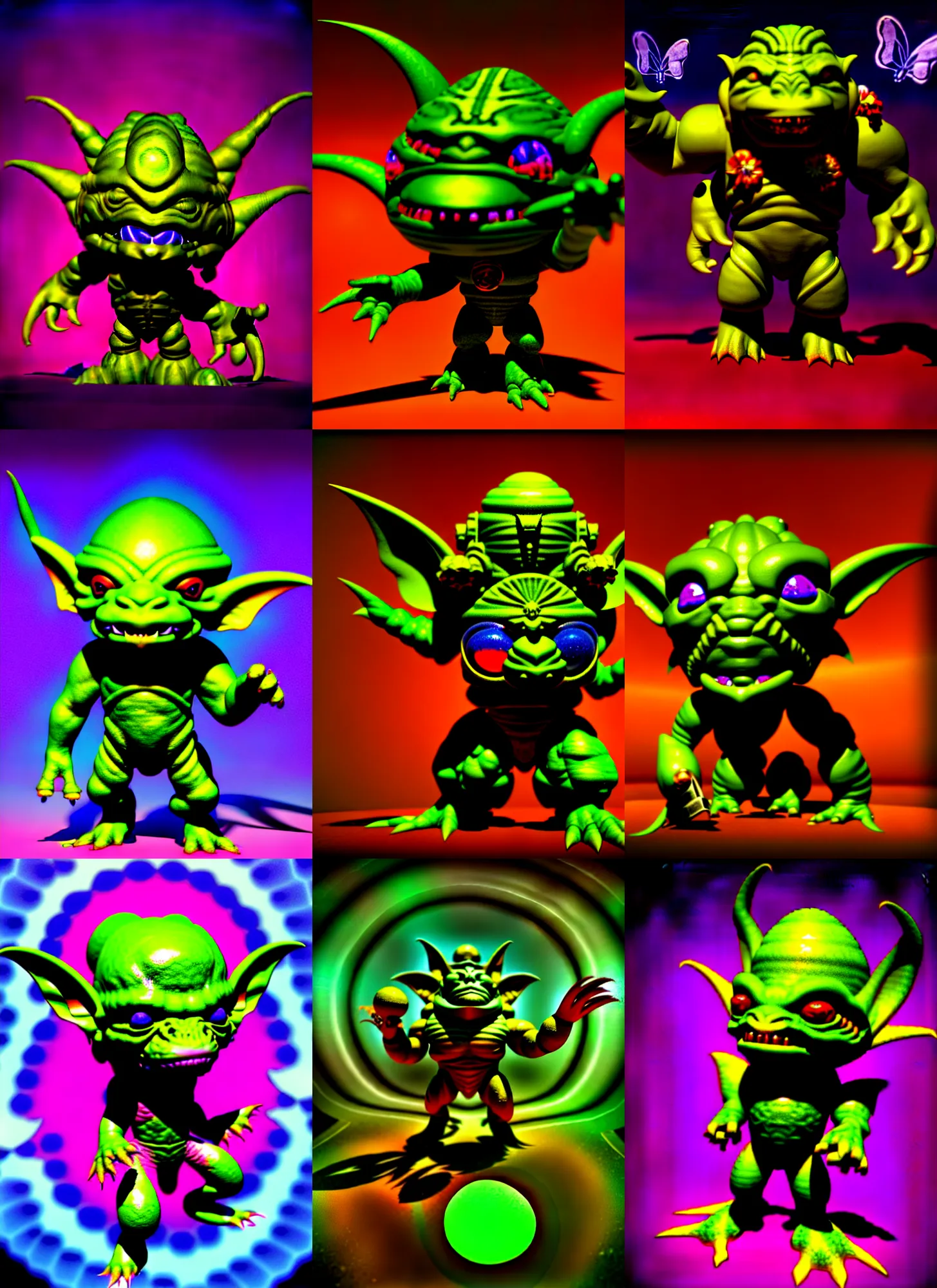 Prompt: retro 3 d rendered raytraced chibi goblin space marine on a background is a a psychedelic swirly orbs with 3 d rendered butterflies and 3 d rendered flowers n the style of early cg graphics, micha klein, 3 do magazine, 3 d artstation, medium wide front shot