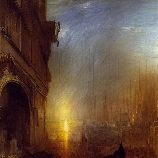 Image similar to cyberpunk city landscape with hooded figure painted by William Turner 1860