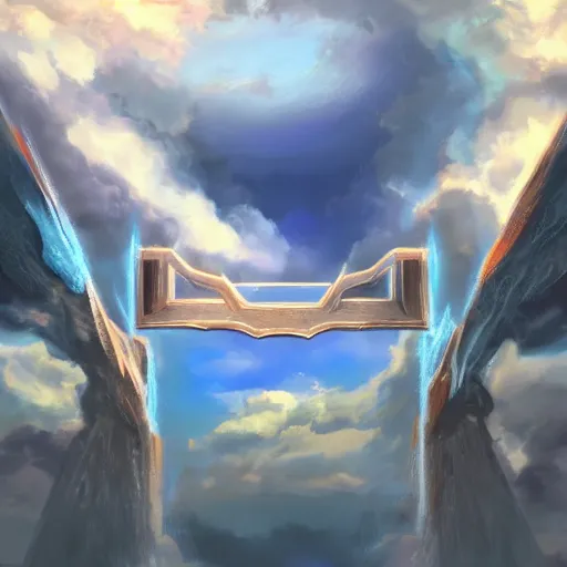 Image similar to Establishing shot of the Gate of Three Skies, digital art, Establishing shot of the Gate of Three Skies, trending on ArtStation, Establishing shot of the Gate of Three Skies, by Charles Sheeler and ArtGerm, photorealism, style of aetherpunk, Establishing shot of the Gate of Three Skies, lit from below