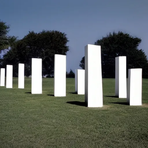 Prompt: color photograph of a line of identical white concrete monoliths standing in a featureless grassy field