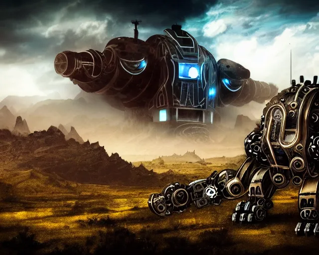 Image similar to two giand futuristic Sci-Fi robot fighting each other, landscape, steampunk, gears, close up, cloudy, mountains on background, peaceful day