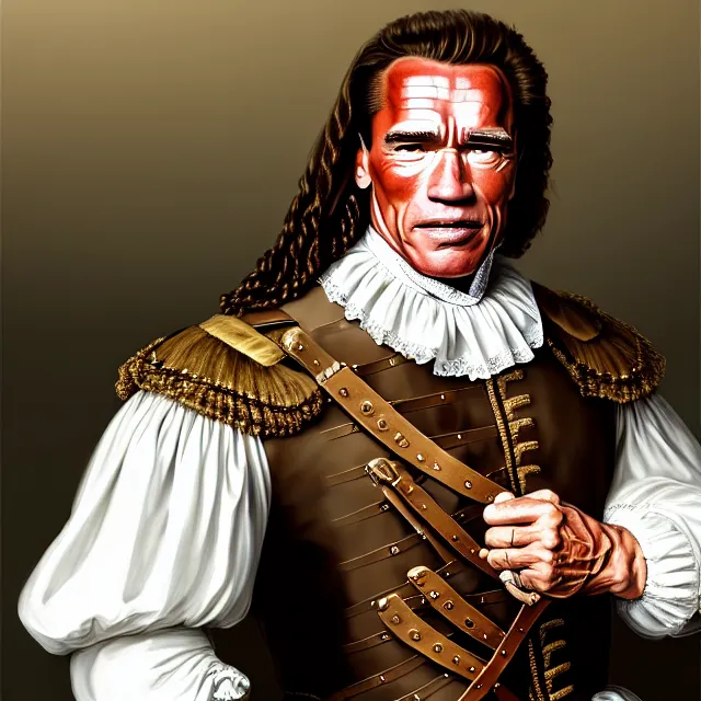 Prompt: epic professional digital portrait art of Arnold Schwarzenegger wearing 17th century clothing and wearing a British solicitor’s wig, ,best on artstation, cgsociety, wlop, Behance, pixiv, astonishing, impressive, outstanding, epic, cinematic, stunning, gorgeous, much detail, much wow, masterpiece.