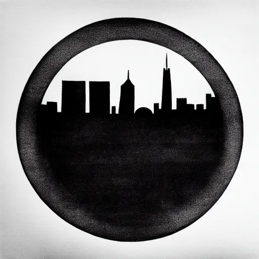 Image similar to a perfect circle where the inside is empty blank space and around the outer edge of the circle is the silhouette of a city skyline, black and white, minimalist, in the style of a charcoal drawing, made by david mellen