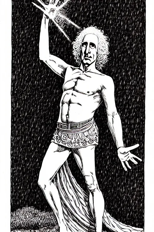 Image similar to larry david as god, full body, pen - and - ink illustration, etching, by russ nicholson, david a trampier, larry elmore, 1 9 8 1, hq scan, intricate details, stylized border