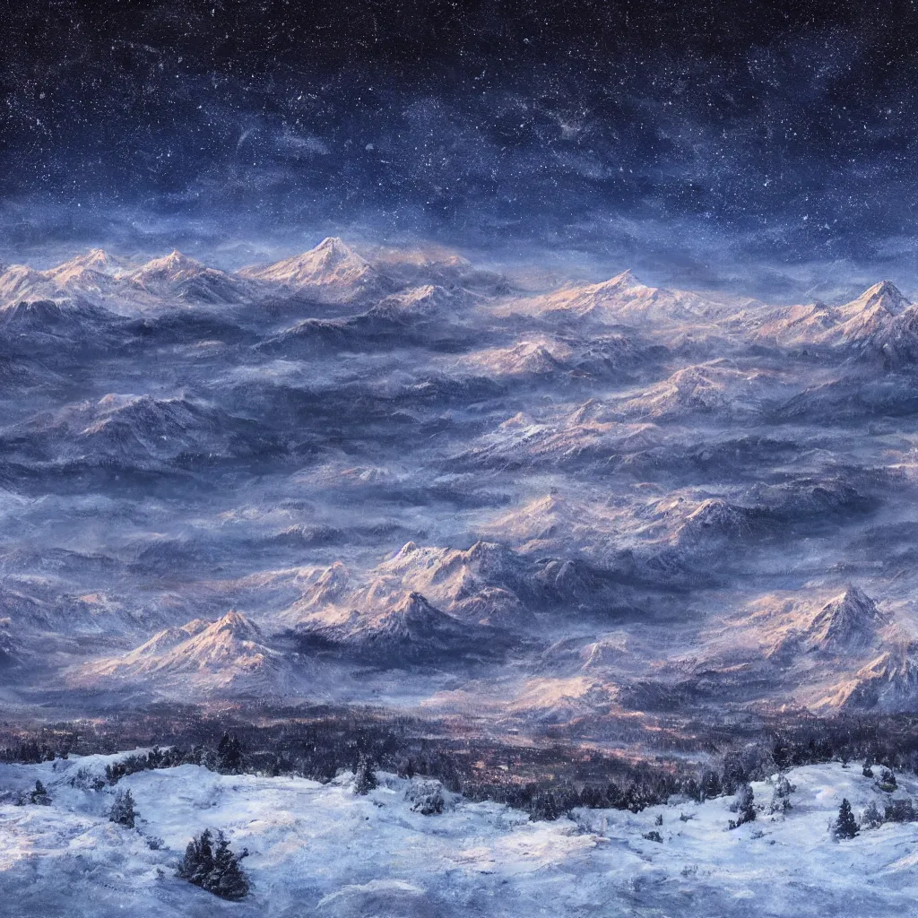 Prompt: Snowy mountaintop landscape with a city in a valley below the night sky, detailed, photorealistic