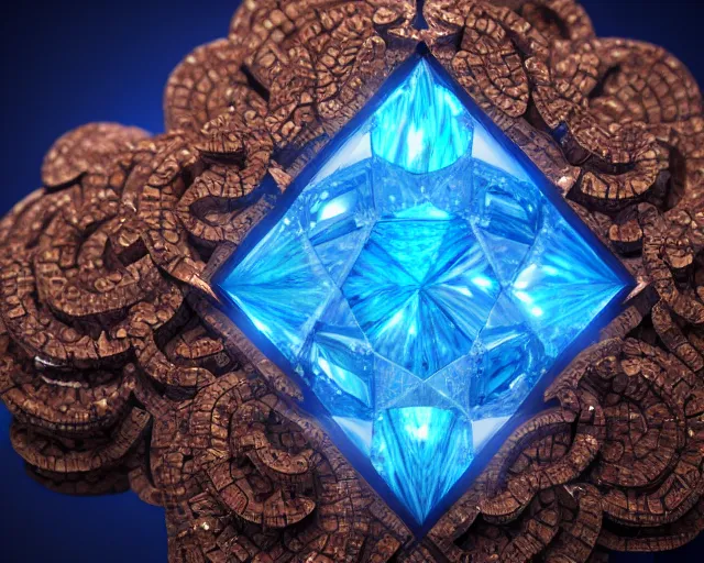 Image similar to beautiful photograph of a diamond filled with intricate cork carvings and copper veins, blue translucent resin, bioluminescent, ultra realistic, ultra detailed, masterpiece, 8 k octane render, ambient diffusion, subsurface scattering, trending on artstation, cgstudio
