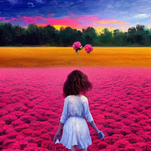 Image similar to head of carnations flower, girl walking in a flower field, surreal photography, sunrise dramatic light, impressionist painting, colorful clouds, digital painting, artstation, simon stalenhag, flower face