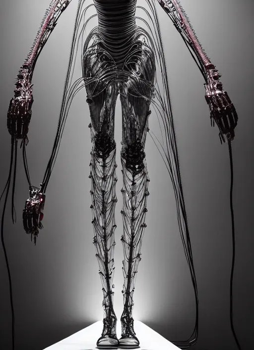 Image similar to walking down the catwalk, show, stage, vogue photo, podium, fashion show photo, iris van herpen, beautiful woman, full body shot, masterpiece, inflateble shapes, alien, giger, plant predator, guyver, jellyfish, wires, veins, white biomechanical details, wearing epic bionic cyborg implants, highly detailed