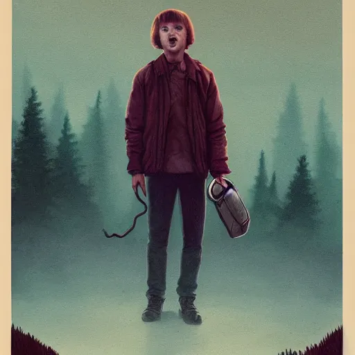 Image similar to Ryan Gosling holding a cute caracal, in style of stranger things poster, by Aron Wiesenfeld and beksincki, cinematic, detailed illustration, nature, fog, dark colors, suspense, intricate, 8k
