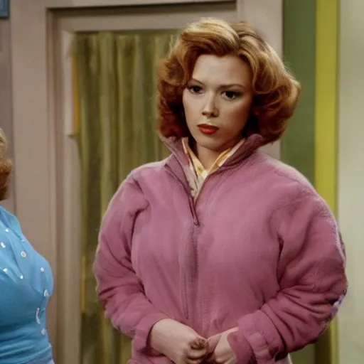 Prompt: a tv still of scarlett johansson as Kitty Forman of That 70's show