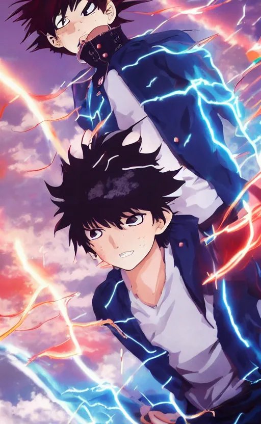 Prompt: Anime key visual of a young boy with thunder powers, Illustrated by Kohei Horikoshi, high quality face, detailed eyes, big eyes, official media, 8k, anime, detailed, HD