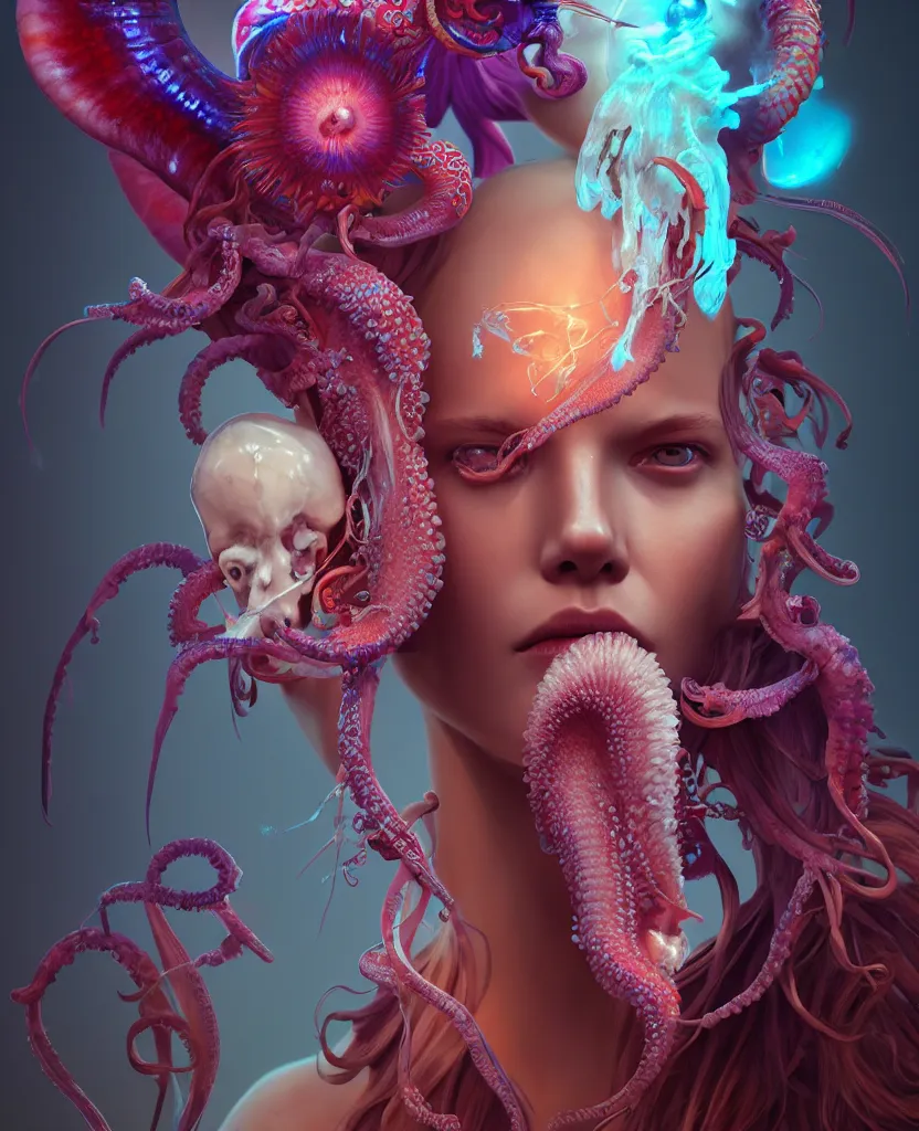 Image similar to goddess close - up portrait human skull, ram skull, squid phoenix jellyfish, orchid, betta fish, bioluminiscent, intricate artwork by tooth wu and wlop and beeple. octane render, trending on artstation, greg rutkowski very coherent symmetrical artwork. cinematic, hyper realism, high detail, octane render, 8 k