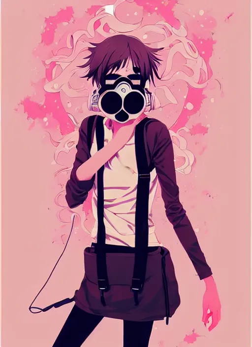 Image similar to singular girl with wearing gas mask, very anime!!! anime!! intricate details, aesthetically pleasing pastel colors, poster background, art by conrad roset and ilya kuvshinov