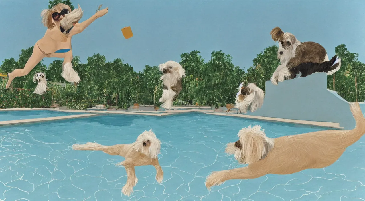 Image similar to medium shot of one cream colored havanese dog jumping from a diving board at a pool at a mid century modern house in palm springs by david hockney