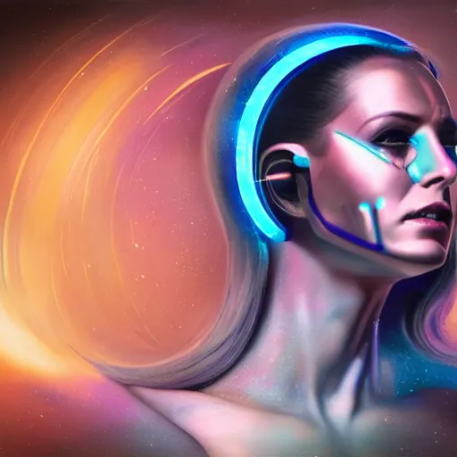 Image similar to celestial female machine, facial portrait, retro-futuristic, legendary epic shot, 90s make-up, galaxy space hunter, cyber implants, wires, low angle, dawn, by artgerm, julie bell, beeple and Greg Rutkowski, airbrush, science fantasy, 90s, concept art, realistic matte painting, Smooth gradients, octane render, 8k, High contrast, duo tone, depth of field, volumetric lightning, very coherent, symmetrical, skin pore detail