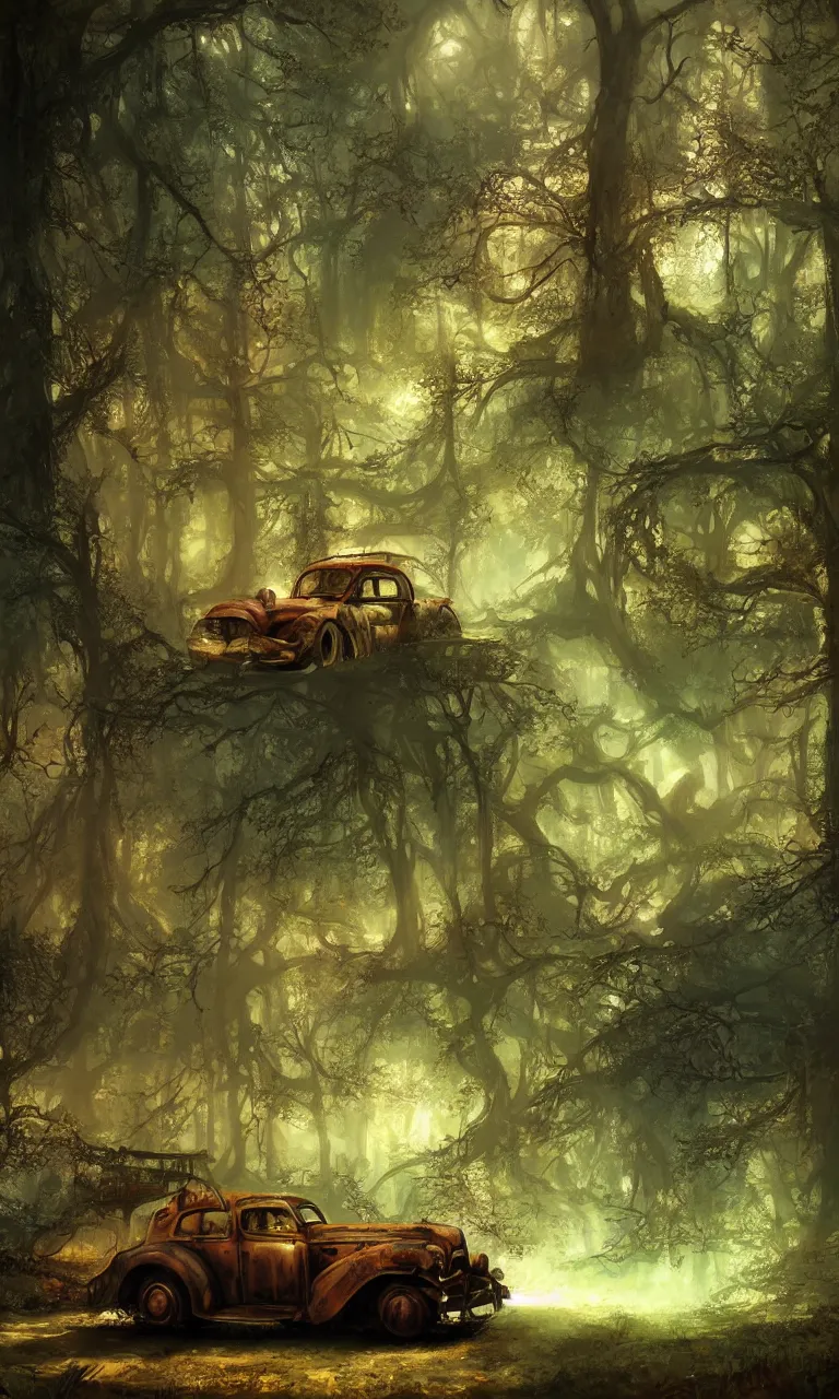 Image similar to a beautiful painting of an old rusted dieselpunk car in an enchanted forest, by heinrich schlitt, marc simonetti and john howe, artstation. fairies. early evening. volumetric lighting