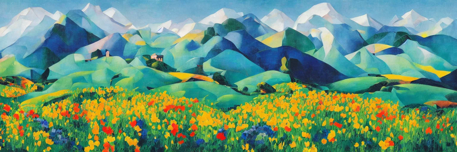 Image similar to mountain landscape in spring!!, flowers, teal landscape, dreamy light, sunny complementary palette, by and jacek yerga and tamara de lempicka and jesse king, pop surrealist, wiccan