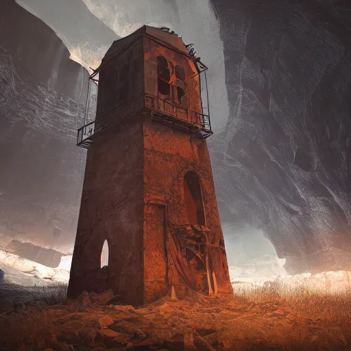 Image similar to an abandoned old rusty clocktower in a dark enormous cave dream photography, painting, perfectly balanced light, digital art, unreal engine, trending on artstation,