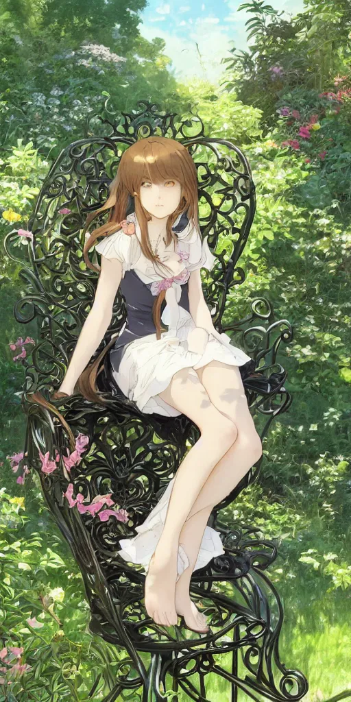 Image similar to a loli with long hair in a black dress sitting on a metal garden chair in the privet garden at afternoon, green and warm theme, back lighting, highly detailed, by krenz cushart and mucha and akihito yoshida and greg rutkowski and makoto shinkai and studio ghibli, detailed eyes, 4 k resolution, trending on art station