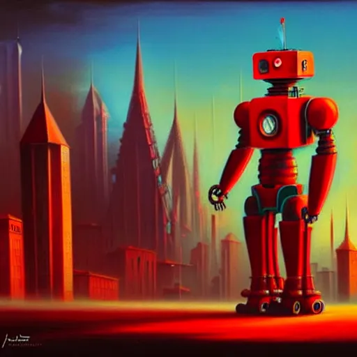 Image similar to a large red robot standing in front of a city, concept art by jarosław jasnikowski, trending on artstation, altermodern, steampunk, concept art, 2 d game art