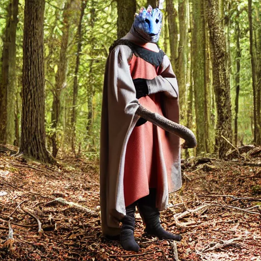 Image similar to medieval cloak wearing anthro lizard, photograph captured in the woods