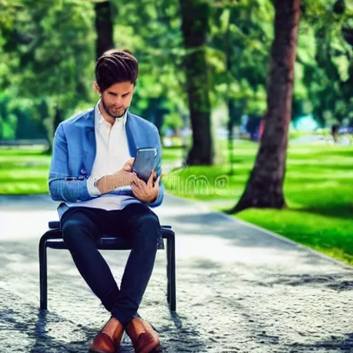 Prompt: 3 0 year old stylish man using smartphone outdoors in the park realistic image, 4 k 3 0 mm photography, stock image