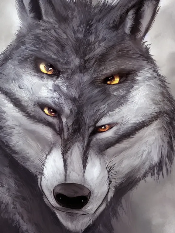 Image similar to 3/4 headshot of cute anthro wolf man, D&D, handsome, fantasy, intricate, long snout, donkey ears, fursona, black hair, elegant, highly detailed, digital painting, artstation, concept art, smooth, sharp focus, illustration, art by artgerm and greg rutkowski and alphonse mucha