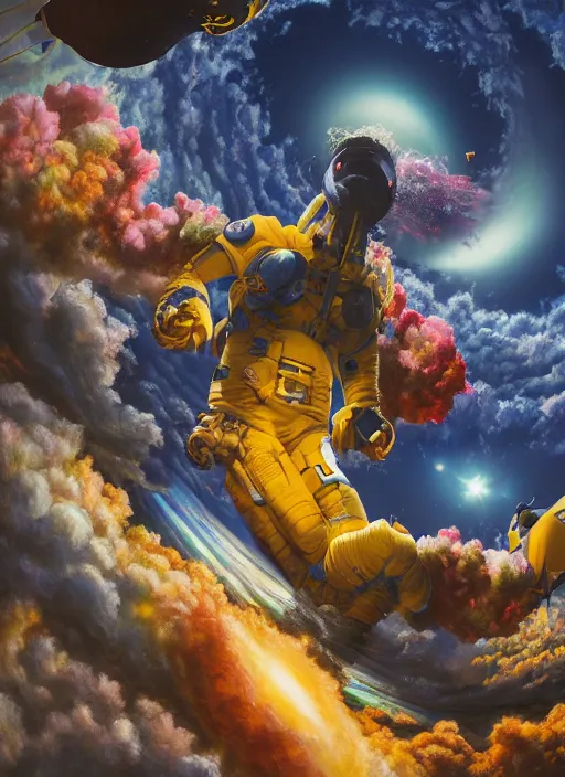 Image similar to An epic fantastic realism comic book style painting of the most beautiful flowers launched into space, bouquets, everything being pulled into a black hole, fisheye, unreal 5, DAZ, hyperrealistic, octane render, dynamic lighting