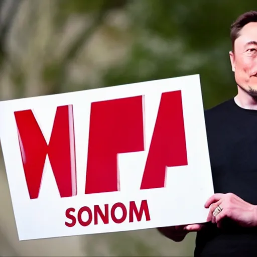 Image similar to a medium shot photograph of elon musk holding a sign with the word SOON' on it, 4k, ultra HD