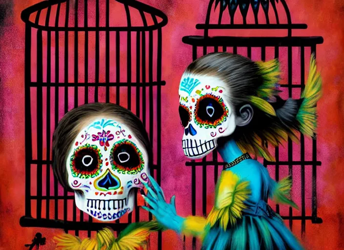 Prompt: a child wearing dia de los muertos costume in a cage, behind bars, whispers secrets to her alejbrie animal spirit. sharpe matte painting, lowbrow, pop surrealism art, neo expressionism, nouveau realisme decollage, contemporary art illustration, oaxacan alebrijes, photography by steven curry