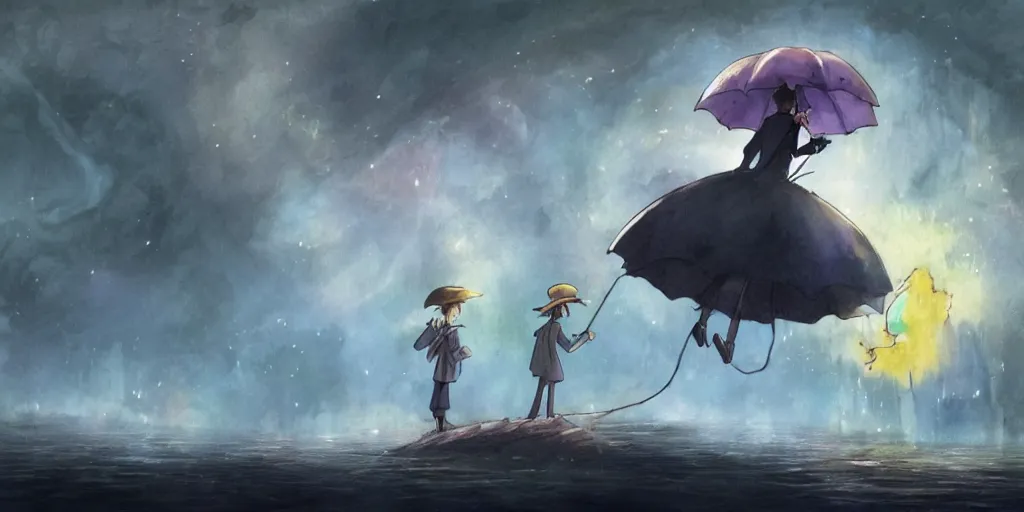 Prompt: a realistic and atmospheric cell - shaded concept art from howl's moving castle ( 2 0 0 4 ) of a multi - colored alien jumping into the air. a man with an umbrella is standing in a boat in a flooded city. it is a misty starry night. very dull muted colors, hd, 4 k, hq
