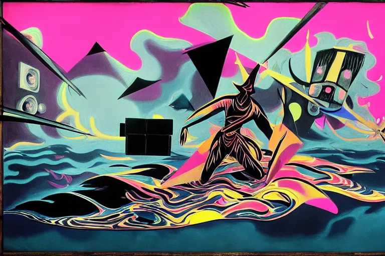 Image similar to a beautiful masterpiece painting of the technomancer wizard in dazzle camouflage robes with pointed hoods and his ai djinn performing psychic television on a crt tv by remedios varo and anato finnstark and greg rutkowski and andy warhol and francis picabia, dayglo pink, dayglo blue, dazzle camouflage, glowing, pearlescent white, raven black