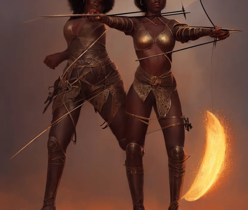 Image similar to full body portrait of beautiful black woman as a medieval archer, leather armor and war bow, cinematic, highly detailed, digital painting, artstation, concept art, smooth, sharp focus, illustration, face by wlop, illustrated by mars ravelo and greg rutkowski