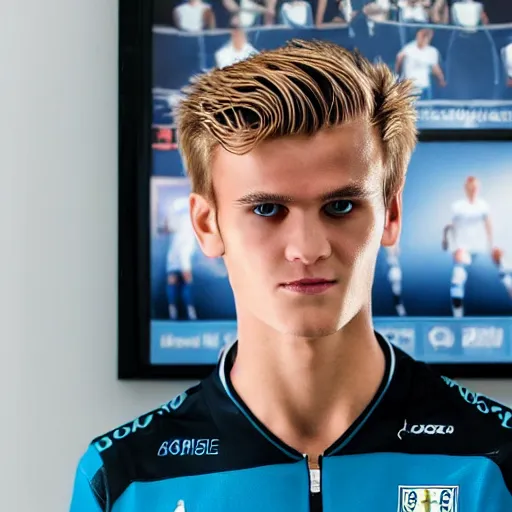 Image similar to a realistic detailed photo of a guy who is an attractive humanoid who is half robot and half humanoid, who is a male android, soccer player martin ødegaard, shiny skin, posing like a statue, blank stare, in a living room, on display