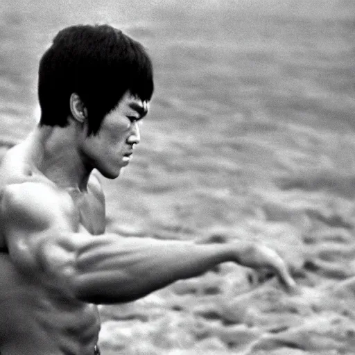 Image similar to bruce lee, meditating on beach, 4 k high definition
