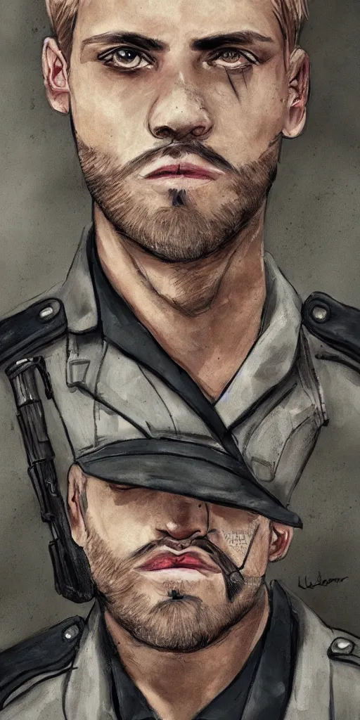 Image similar to portrait of a blonde police officer with short hair and a patchy beard, close up, grimy streets backgrop, detailed, art by loran desore