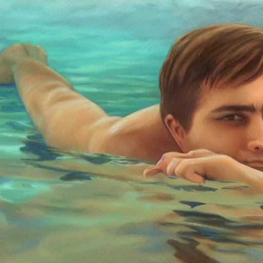 Image similar to painting of an underwater selfie from a brown haired male lifeguard. Kuvshinov ilya. Richard Brooks.