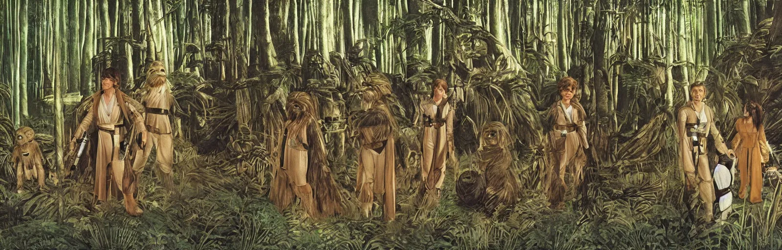 Image similar to luke skywalker, princess leia and han solo meet the ewoks in the forest of endor, in return of the jedi, a masterful painting by sandro botticelli