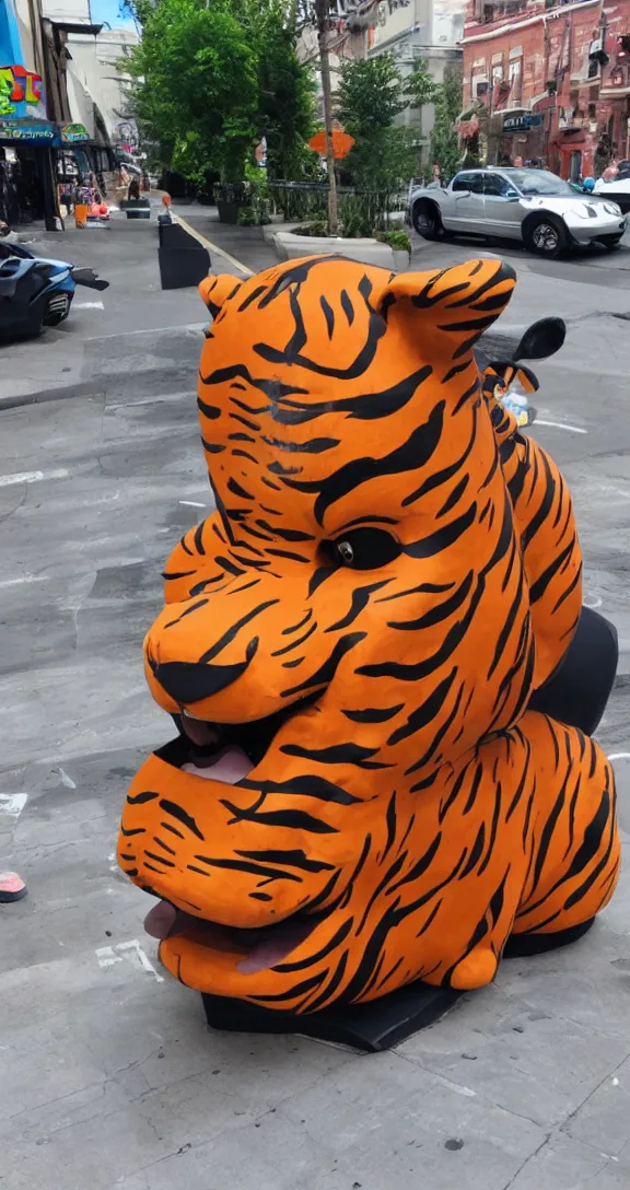 Prompt: a kiddie ride that looks like a tiger on the sidewalk