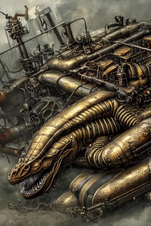 Image similar to hyper realistic dragon lying down with steam punk tanks and tubes and breathing apparatus on its back, white background, full frame, art byjon foster