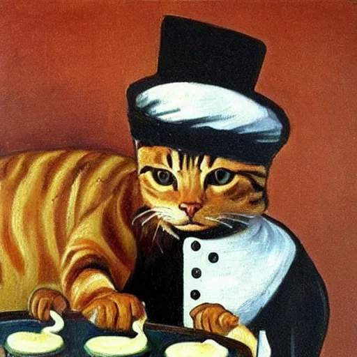 Image similar to a highly detailed painting of a cat with a chef hat baking cookies, done in the style of matisse, caravaggio