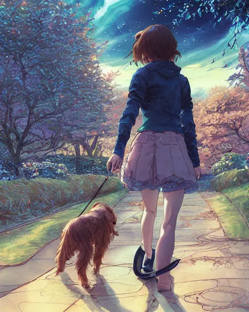 Prompt: a girl walking her small dog at the park, full shot, ambient lighting, detailed face, art by ayami kojima, makoto shinkai, kilian eng