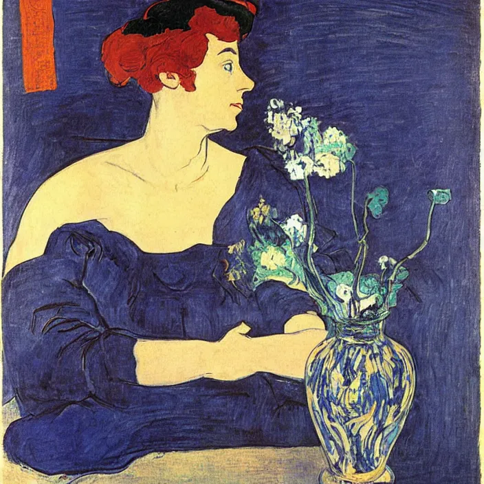 Image similar to woman with painted vase with vase. deep dark indigo blue. henri de toulouse - lautrec, ferdand hodler, egon schiele, gauguin, utamaro