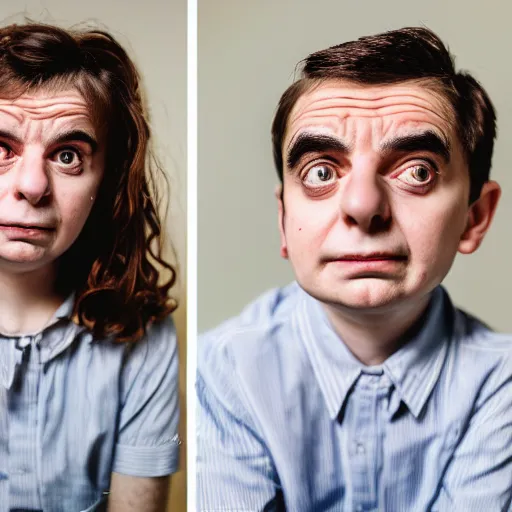 Image similar to A portrait mr bean elizabeth teams up with a teenage mr bean, perfect faces, 50 mm, award winning photography