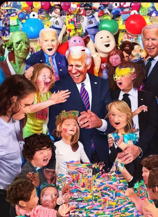 Image similar to hyperrealistic polaroid of joe biden haunting a children's birthday party, hyper detailed, claymation, detailed, realistic materials, sharp focus